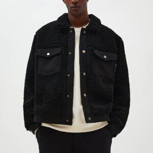 Pull&Bear Men's Teddy Trucker Jacket Black- M